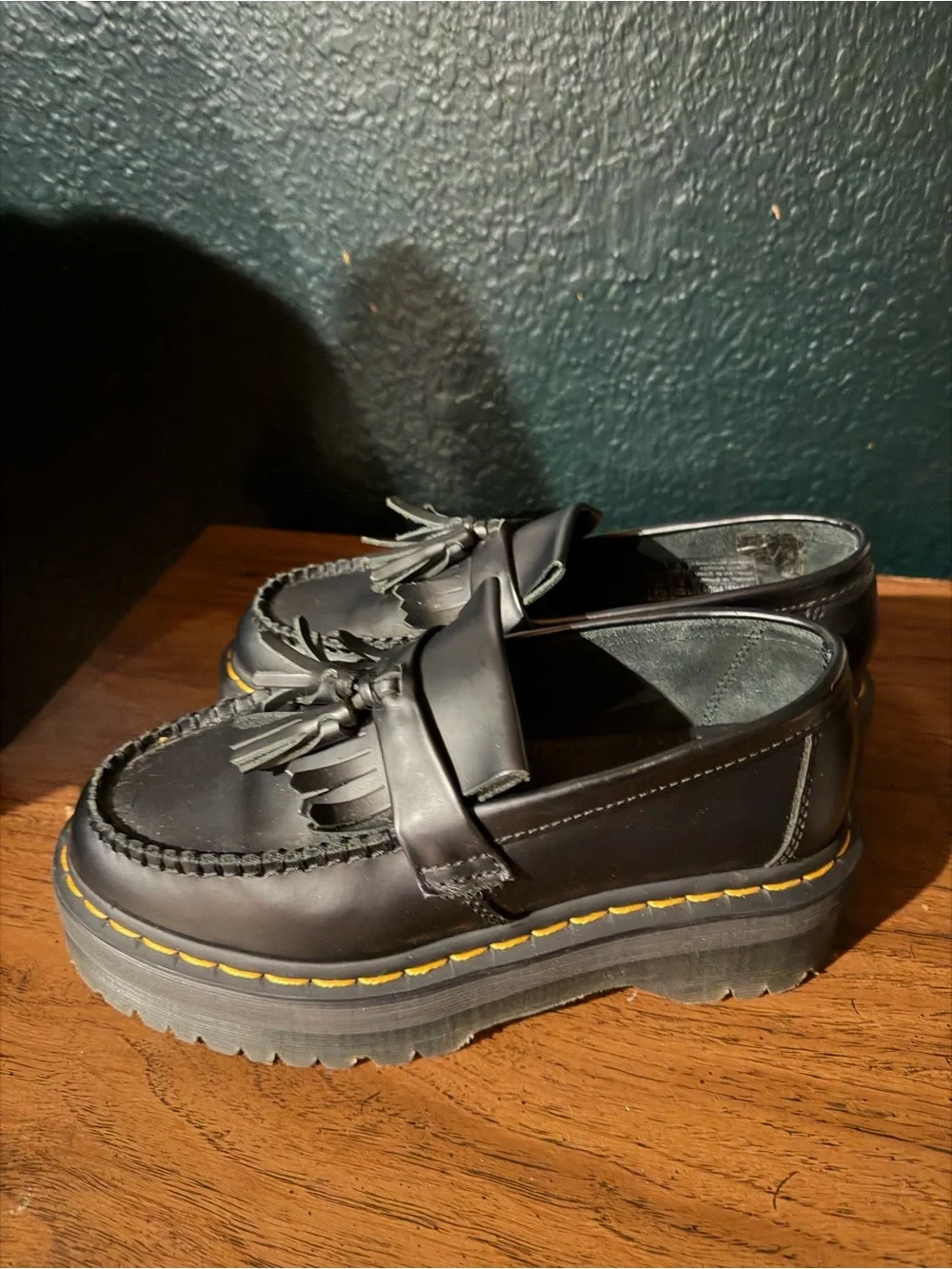 Dr. Martens Black Platform Tassel Loafers with Yellow Stitching